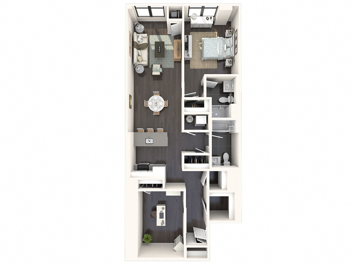 Floor plan for 1 bed, 2 baths, 1064 sqft